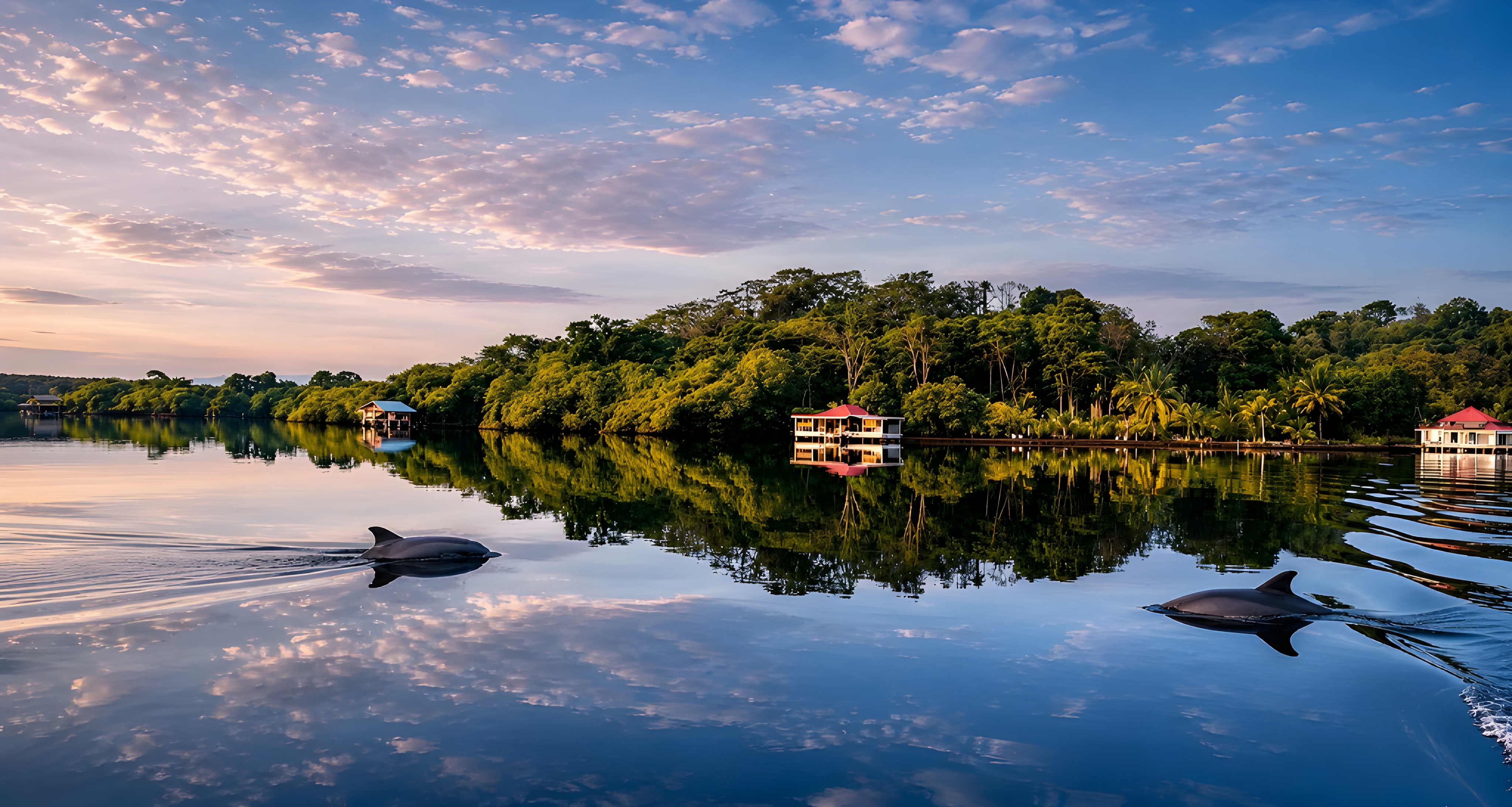 Arriving at Dolphin Blue Paradise eco-resort by boat over calm waters in Bocas del Toro, Panama
